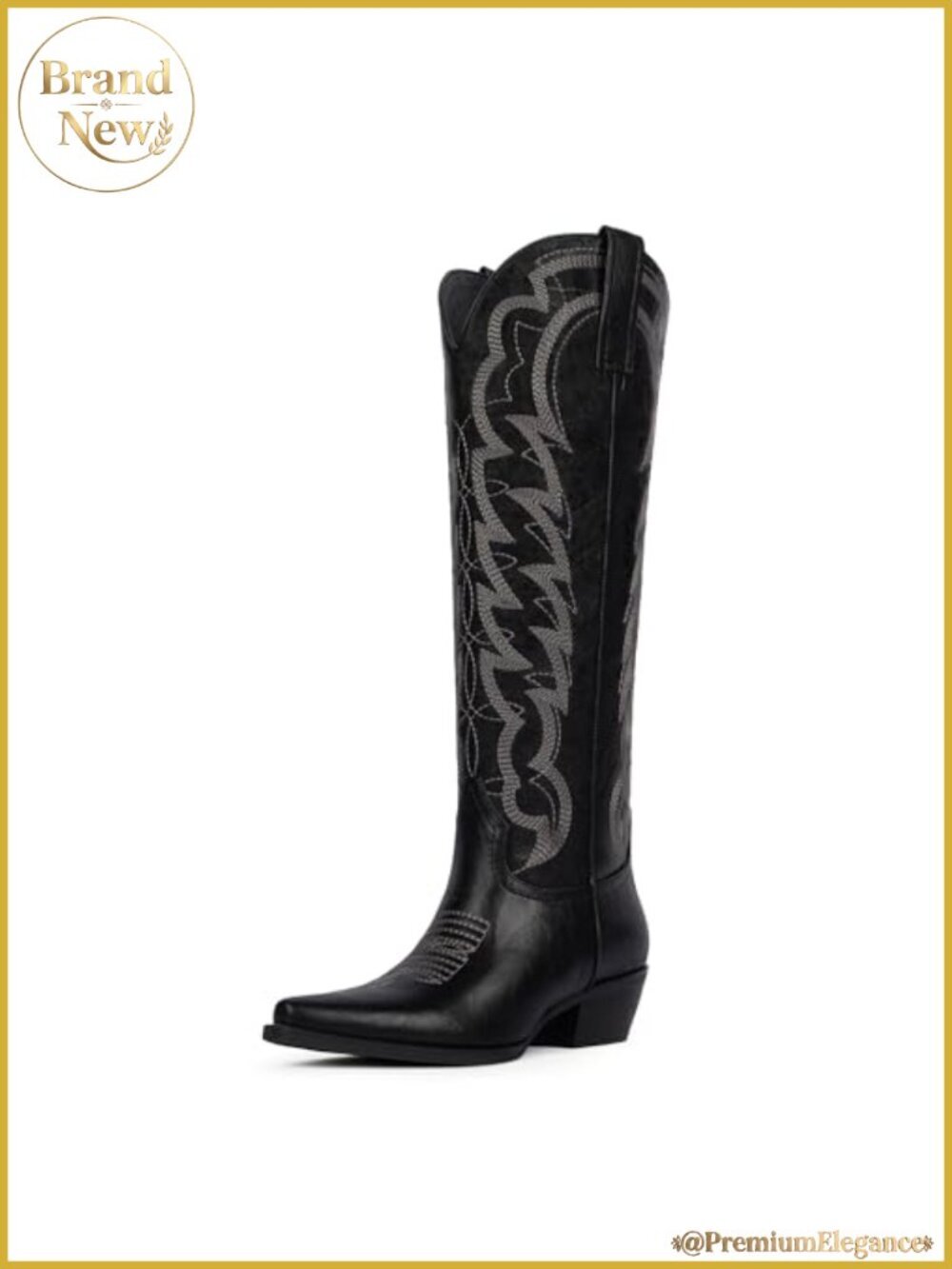 Women Knee High Cowboy Boots Pointed Toe Chunky Heel Western Boots